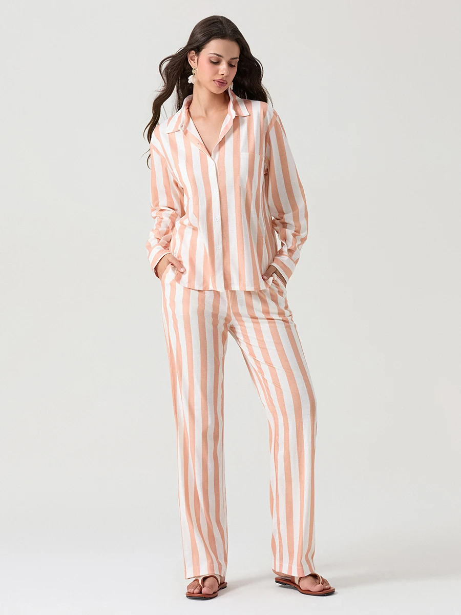 Set piyama wanita 2 potong, baju tidur lembut motif garis-garis dan celana pinggang elastis untuk Loungewear