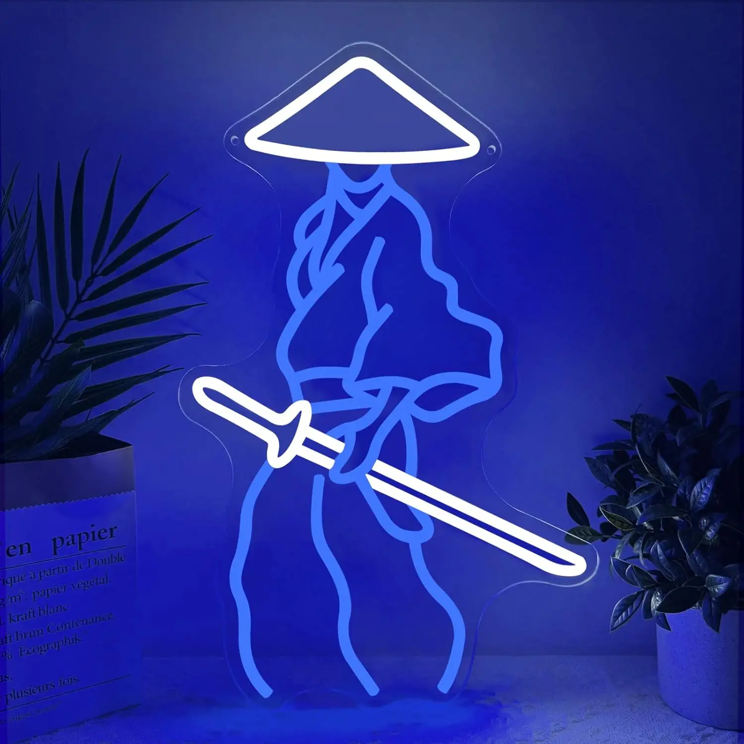 Blue Silhouette Samurai Neon Sign USB Dimmable LED Neon Light Sing for Japanese Tea House Study Bedrooom Gaming Room Wall Light