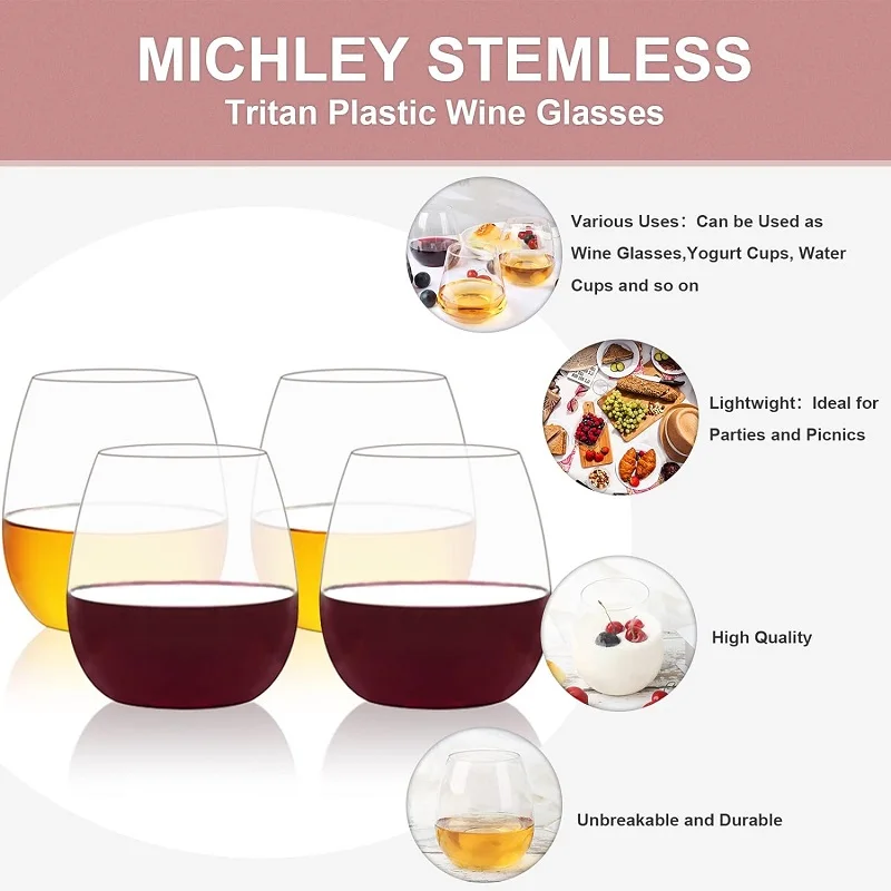 MICHLEY 4 PCS Plastic Wine Glasses Set Unbreakable Glasses Shatterproof Drinking Tumbler Dishwasher For Party Barware Picnic