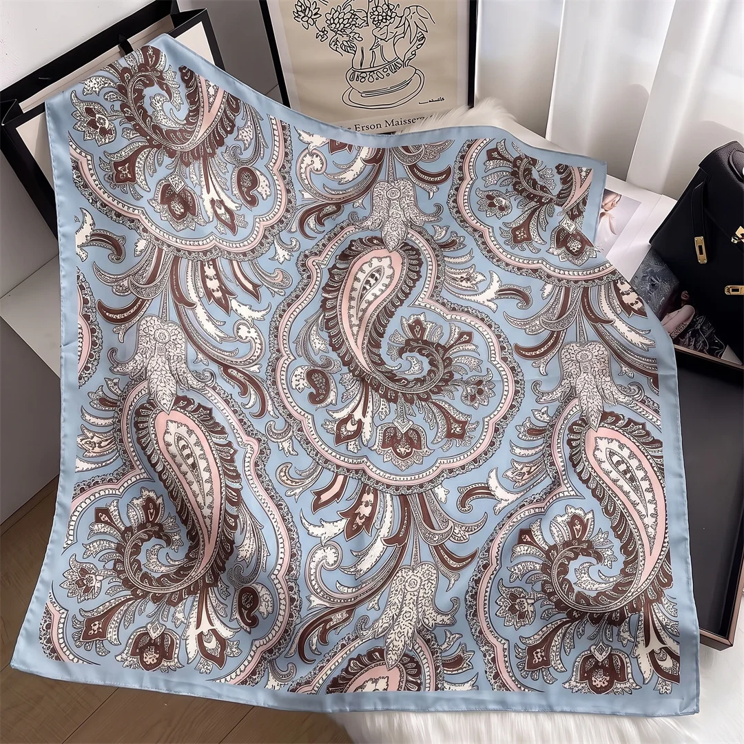 2026 Satin Square Scarf Women Paisley Hijab Elegant Print Silk Neckerchief Shawl Wraps Headband Handle Hair Accessories Bandana