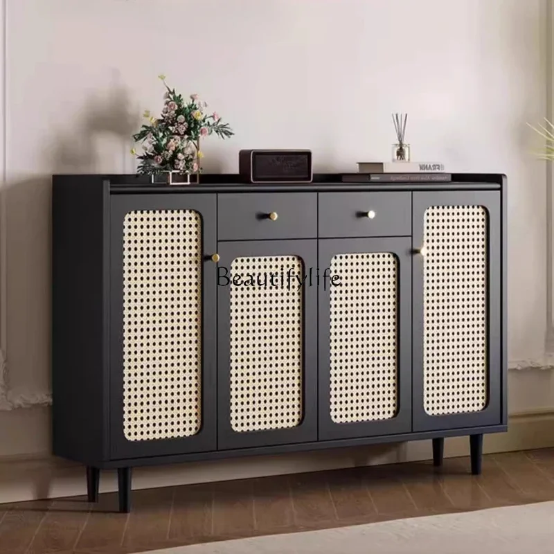 

6French retro home entrance cabinet, living room partition 2025 new black rattan locker