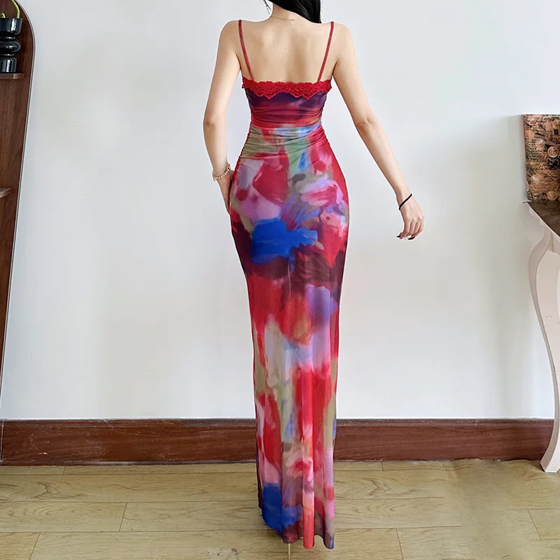 2025 ฤดูร้อนผู้หญิงTie Dye MaxiชุดPatchworkลูกไม้Sheerตาข่ายสปาเก็ตตี้แขนกุดBackless SundressวันหยุดBeachwear
