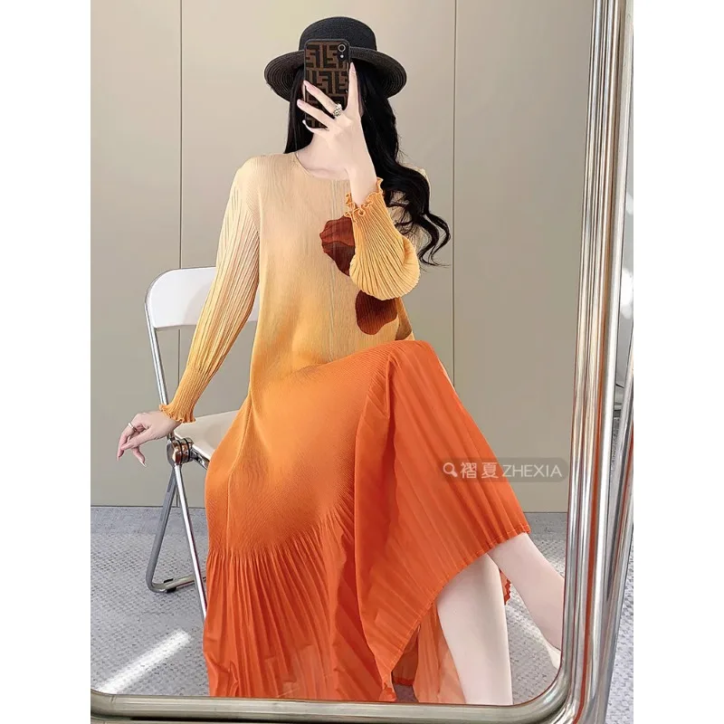 GGHK 女性のエレガントなドレスラウンドネック長袖花柄プリントデザインルーズ大きいサイズのファッションカジュアル女性ドレス 2025 夏