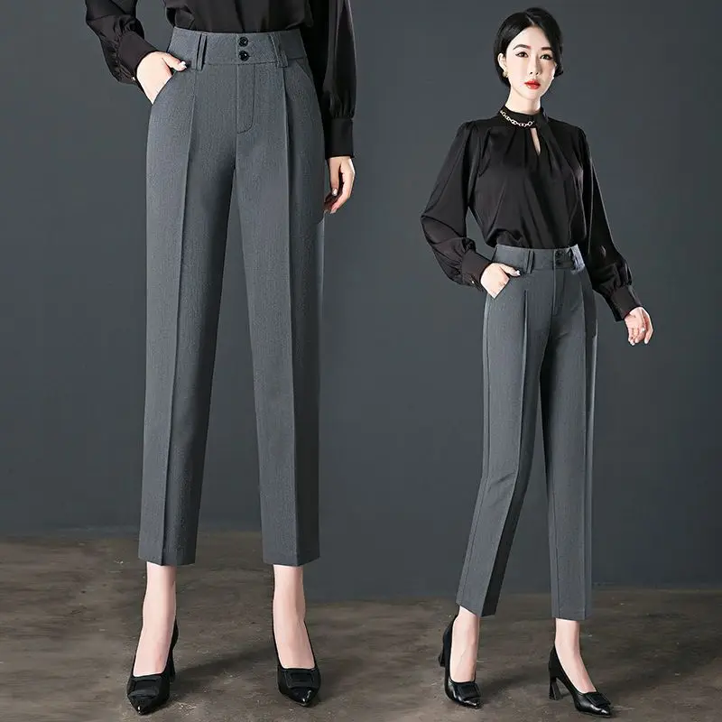 Office Lady Fashion Slim Pencil Pants Spring Autumn New Women High Waist Elastic Solid Pocket Straight Korean Casual Trousers