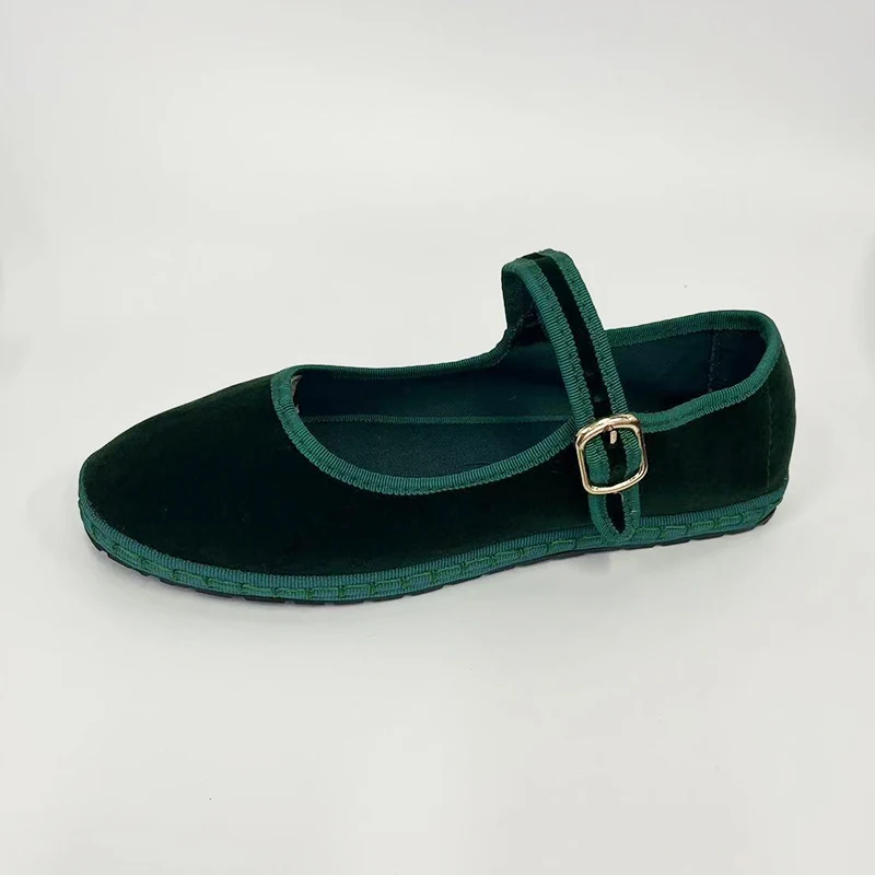 Flannel Flats Women Shoes Hand Stitch Mary Janes Ballet Casual Shoes Ladies Elegant Buckle Closure Velvet Loafers Dark Green image 5