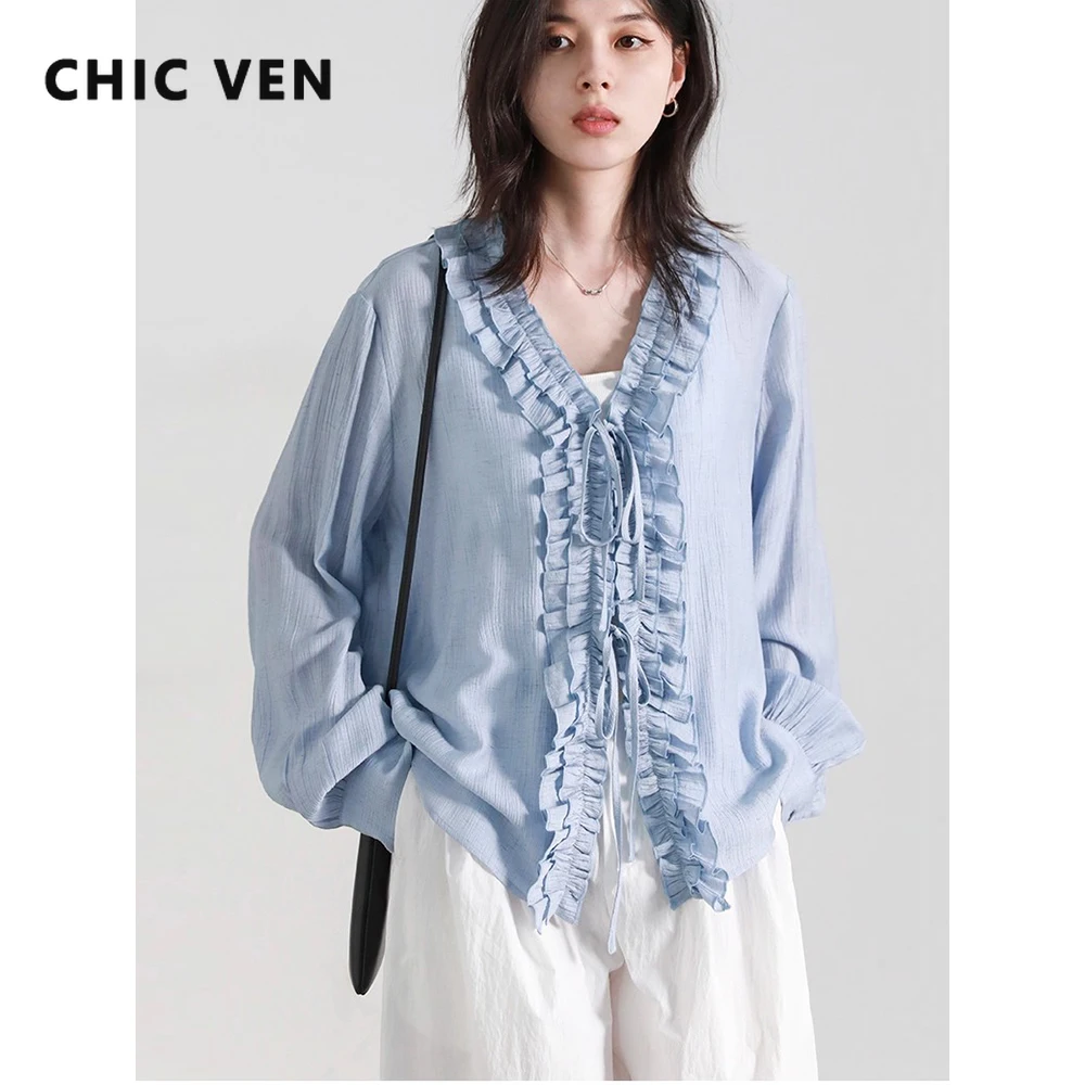 

CHIC VEN новая корейская женская рубашка, однотонное свободное повседневное пальто на шнуровке с v-образным вырезом, женские блузки с грибовидными краями для девочек, весна-осень 2025