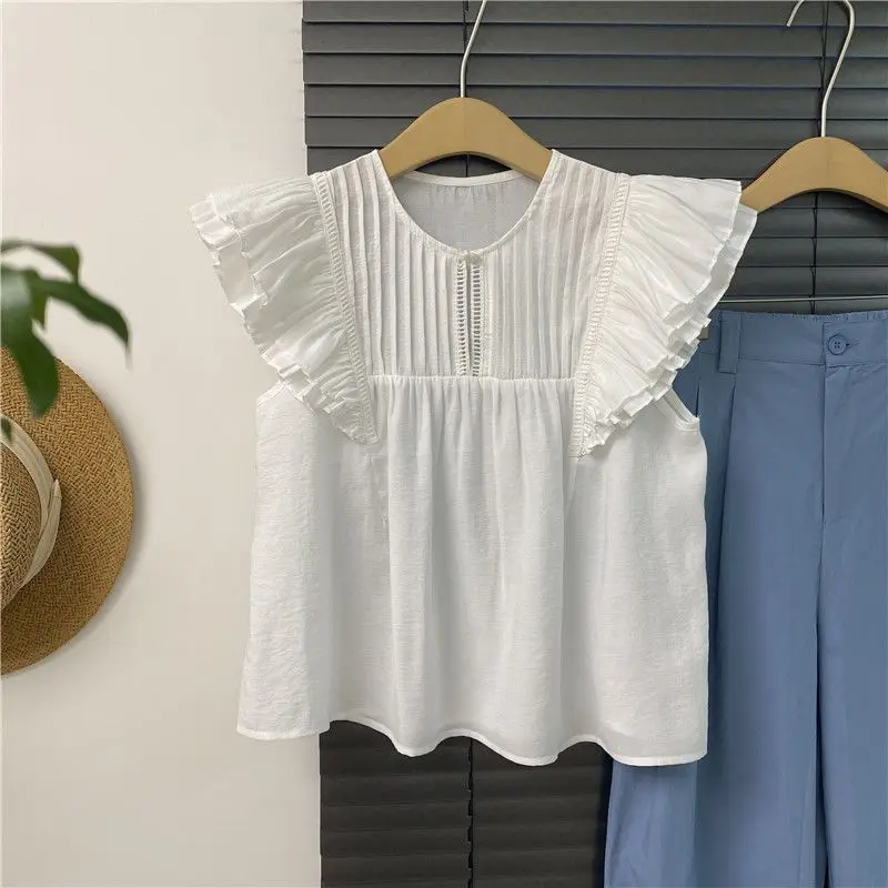 Korean All-match Women's Flying Sleeve Folds Shirt Summer Fashion Comfortable Round Neck Short Sleeve Blouse Female Clothing