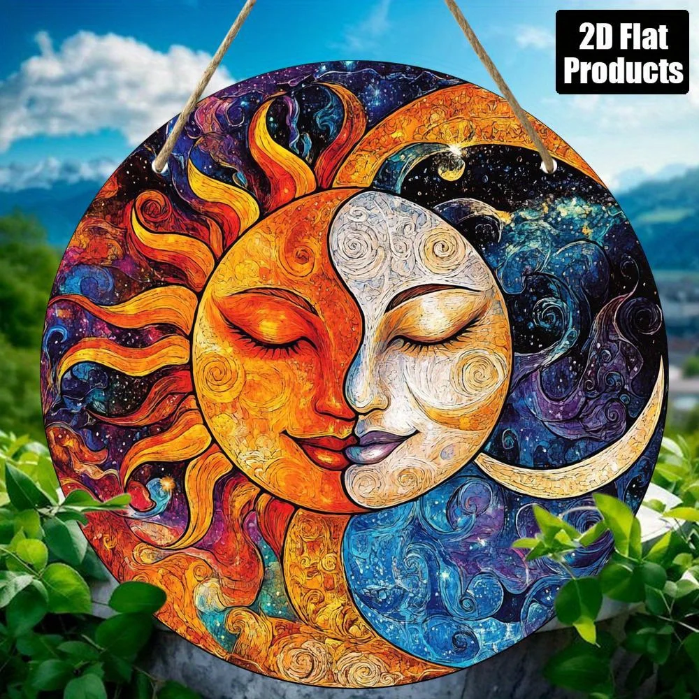 2D Flat, 1pc Sun & Moon Logo Circular Wood Wall/Desk Decor - Artificial Regenerated Wood Plaque Suitable for Home, Cafe, Farmhou