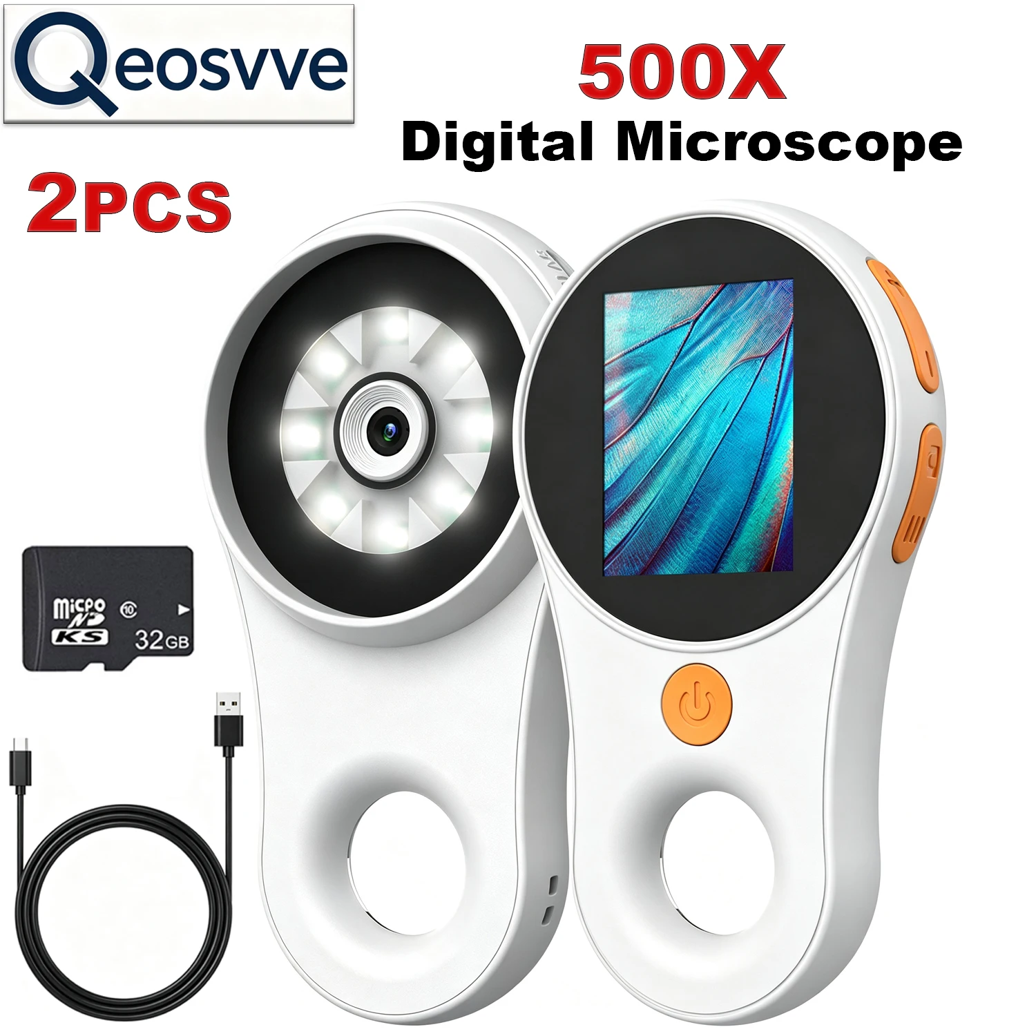 500X Digital Microscope Handheld Rechargeable Magnifier 2.0'' Screen Portable Magnifying Glass with 8 LED Light for Electronics