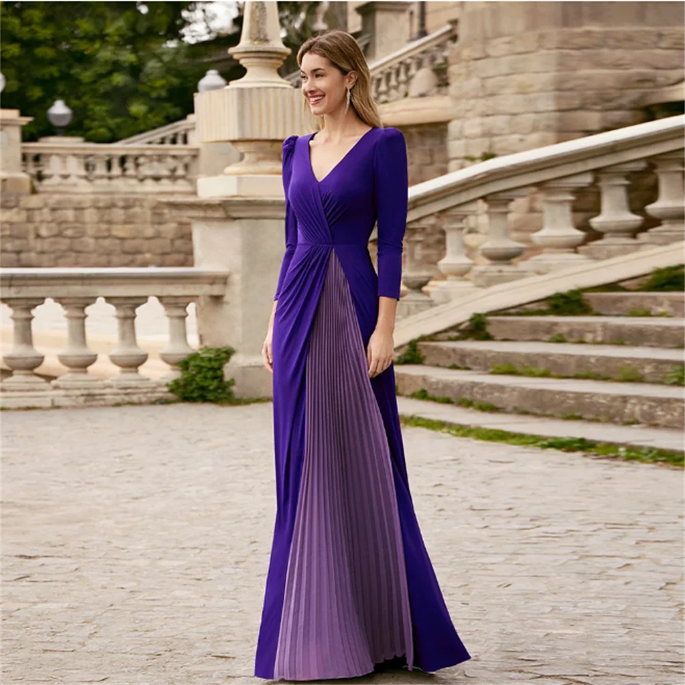 

Elegant V Neck Long Sleeves Purple Mother of the Bride Dresses Wedding Party Gowns Pleat Mermaid Floor Length 2023