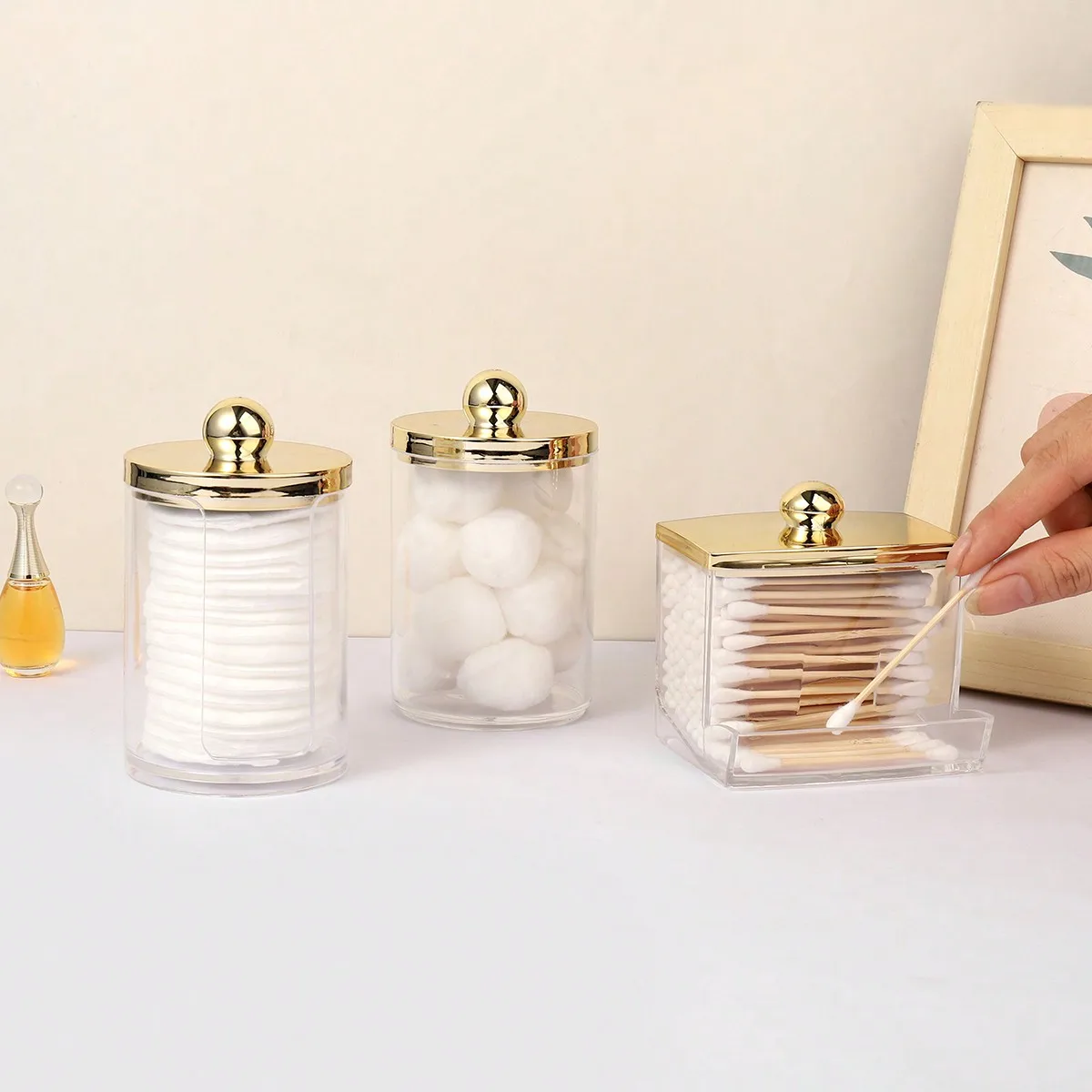 3 Pcs Qtips Dispenser Bathroom Container With Golden Lid , 10 Oz Qtips Ball Holder, Clear Plastic Apothecary Jar Organizer For Storage Qtips Swab, Round Pads, Floss Picks