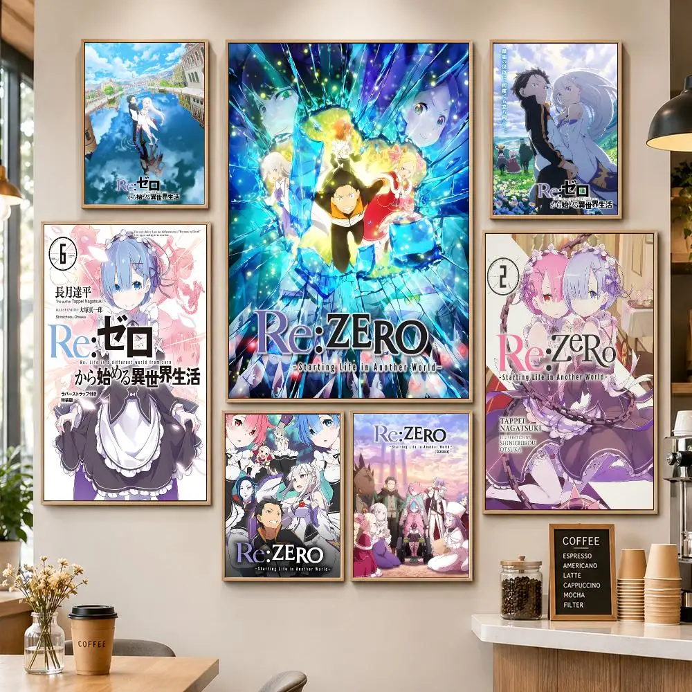 Anime ReZero Subaru Emilia Rem Fantasy Poster PP Decorative Poster Water-Resistant Print Apartment Dorm Office Cafe Gift
