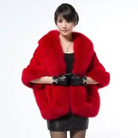 Temperament Solid Color Mink Fox Hair Splicing Shawl Coat,Women's Autumn and Winter Fashion New Cape Imitation Fur Bat Cape Coat