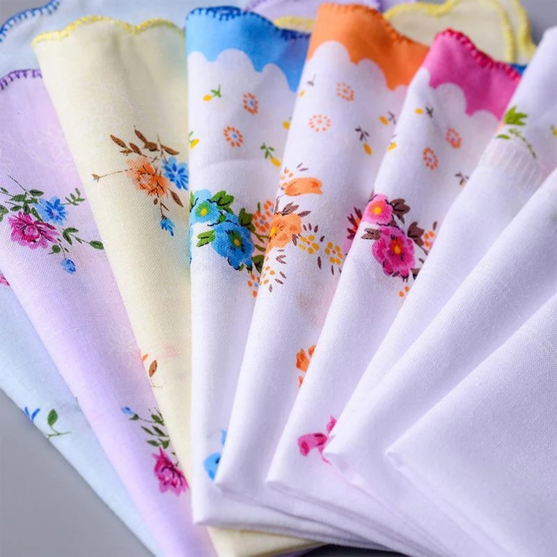 3 chiếc khăn tay cotton có viền lượn sóng và túi hình vuông in hoa