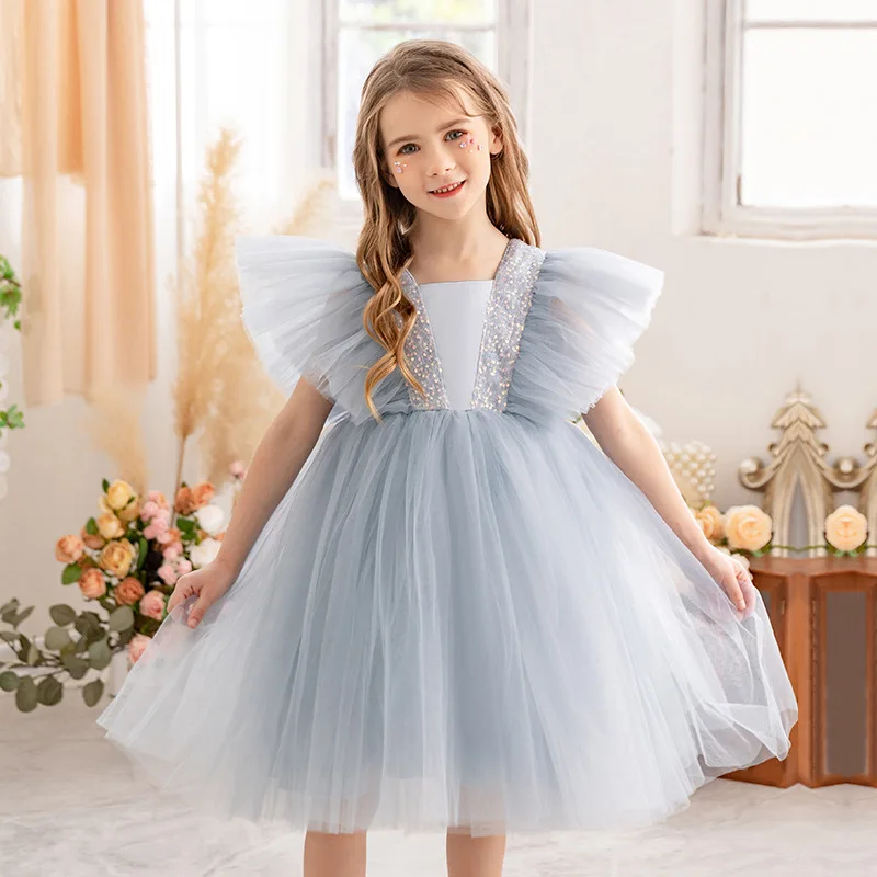 Kids Girls Light Blue Party Dress For Children Ruffles Sleeve Sequin V-Neck Wedding Vestido Costume Toddler Girl Clothes