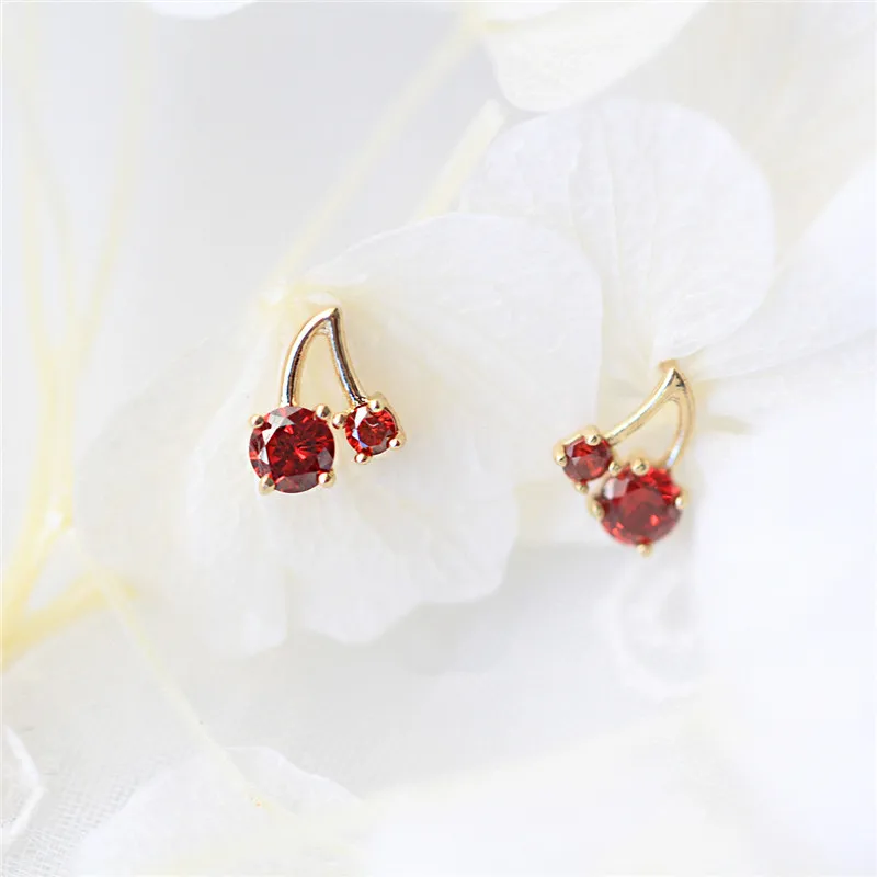 

S925 Silver Plated 14K Gold Small And Cute Red Cherry Stud Earrings For Women Simple And Elegant Student Jewelry