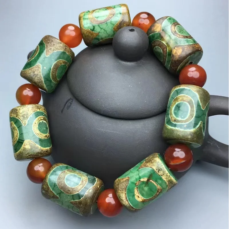 Tibetan Style Three-Eye Dragon Pattern Agate Single Ring Old-Fashioned Green Chalcedony Sky Beads Bracelet