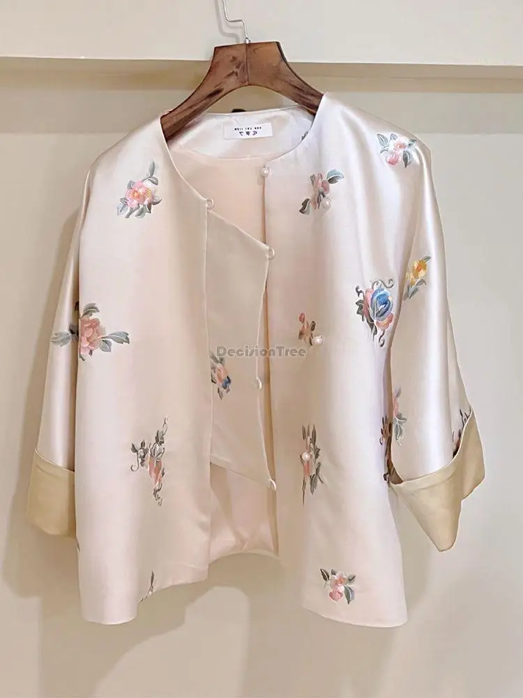 2023 chinese style embroidery flower blouse female spring new tang suit national tide improved disc buckle half sleeve loose top