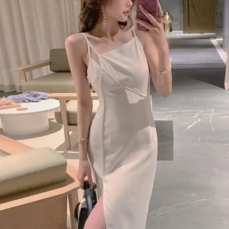 Vintage Elegant Dress Female Chiffon Camisole One Piece Dress Korean High Waist Club Evening Party Slim Strap Dress Women 2021