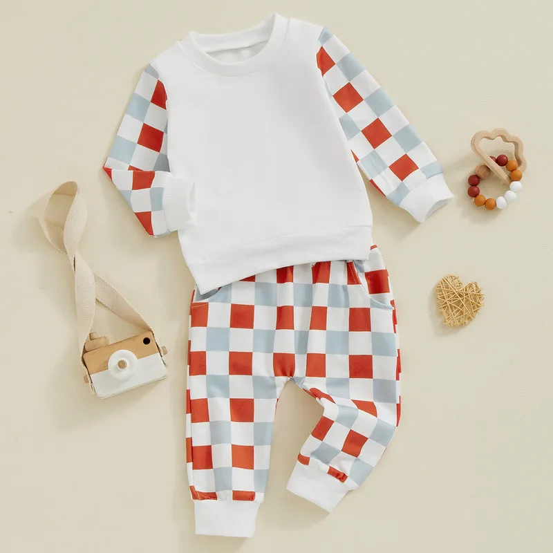 RUEWEY 0 to 3 Years Baby Boy Girl Pant Sets Spring Autumn Clothes Checkerboard Long Sleeve Sweatshirt Elastic Waist Pants