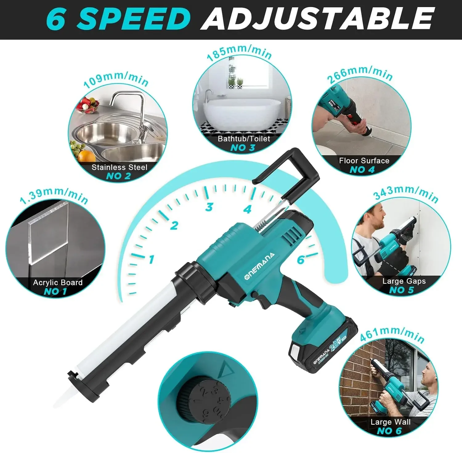 Caulking Gun, 20V Electric Caulk Adhesive Gun ONEMANA 6 Speed Anti-Drip Max 6500N Force 10oz/300ml Cartridges Caulking Tool with