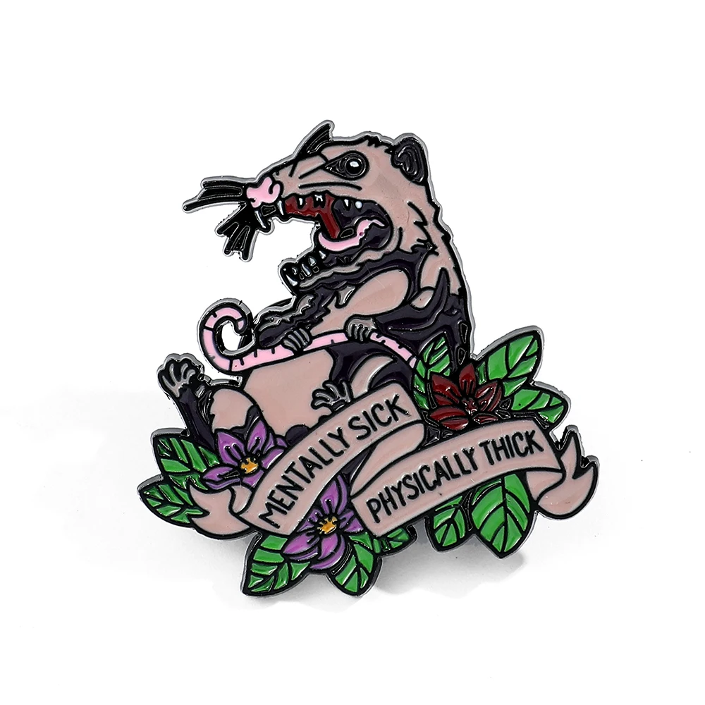 Possum And Flowers Brooches Cartoon Animal Enamel Pin Mentally Sick Physically Thick Lapel Pin Badge Wholesale Jewelry Pin Gifts