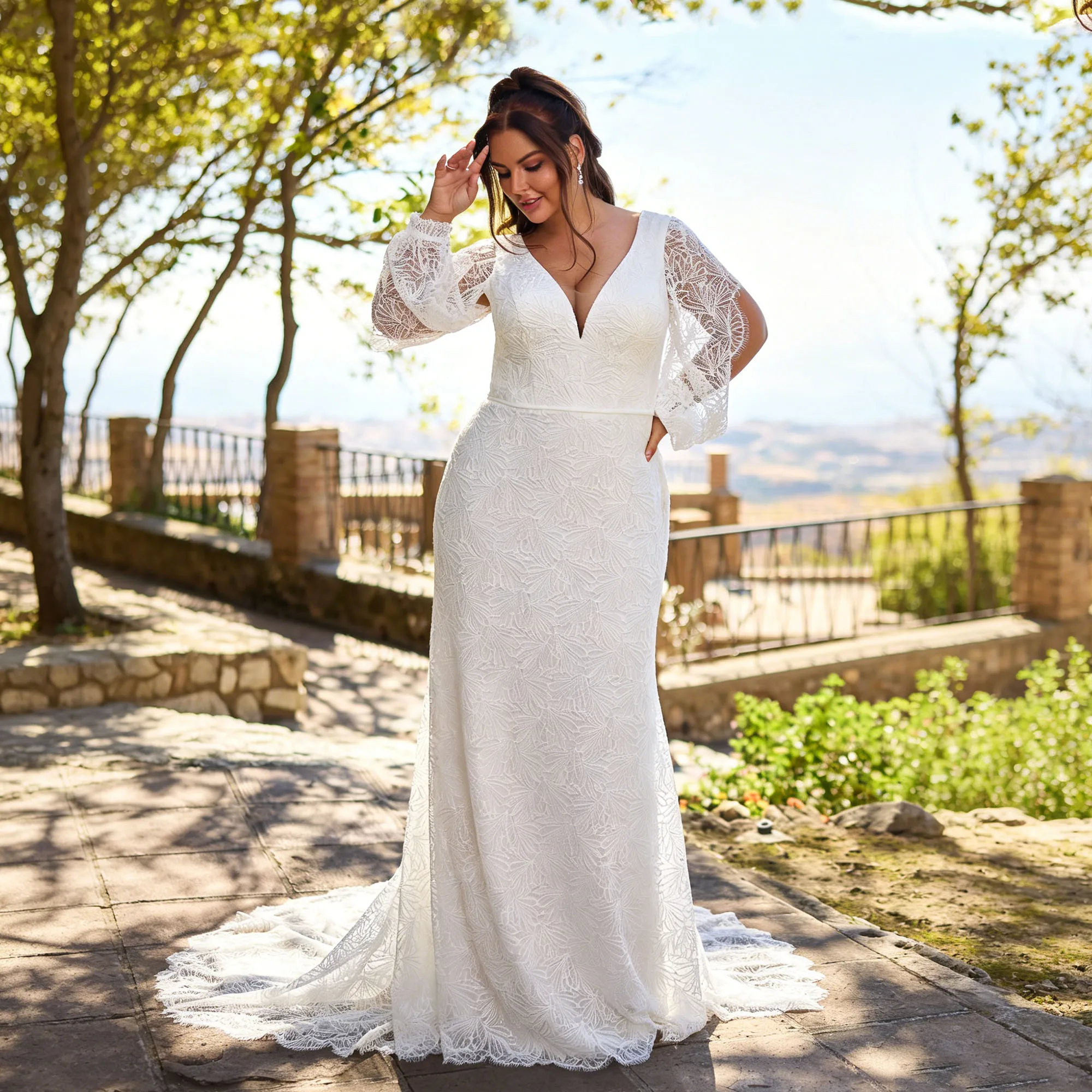 

Lace Mermaid Wedding Dress Plus Size Women Detachable Long Sleeve Elegant Bridal Gown with Corset Back and Train Customized