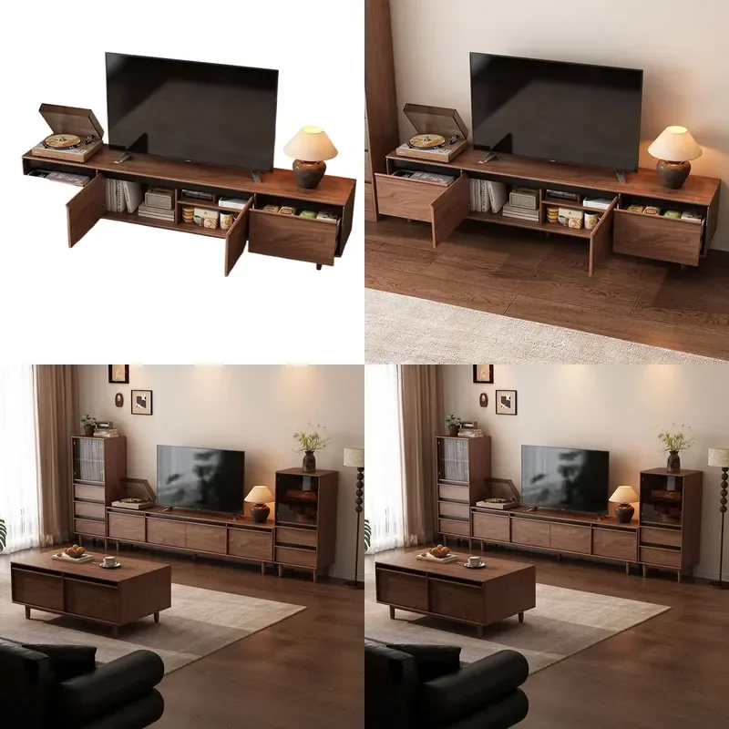 Solid Wood TV Cabinet Simple Floor to Ceiling Medieval Style Living Room Storage Locker Integrated Small Apartment