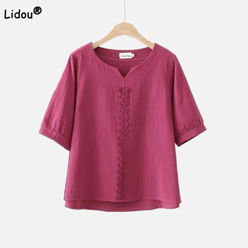 Casual Vintage Solid Color Women's T-shirt  Summer Fashionable Commute Short Sleeve Embroidery Patchwork Tops Female Clothin