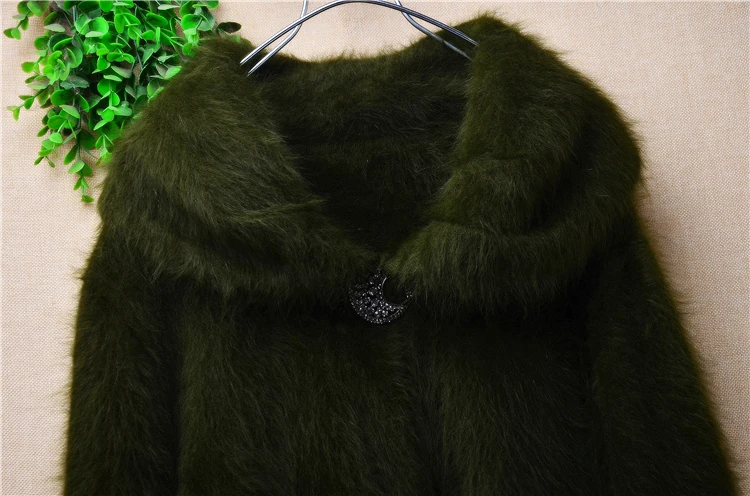 Women Mujer Autumn Winter Clothing Hairy Mink Cashmere Knitted Long Sleeves Beading Turn-Down Neck Loose Cardigans Sweater Coat