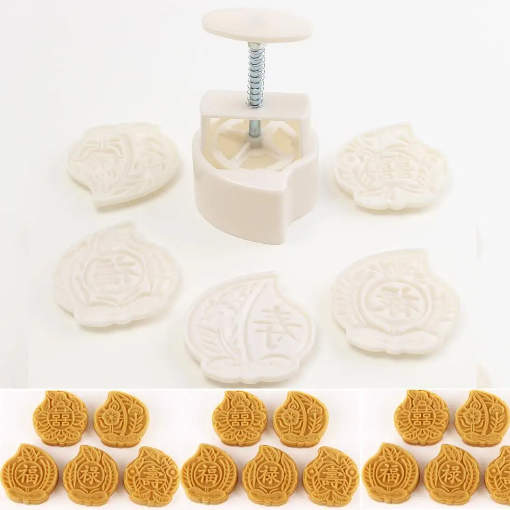 

5pcs Moon Cake Mold Baking Tool Pastry Peach Shape Stamp Homemade Tools 150g Mold Cookies Mooncake Decor 1x Cake Mould 5x Stamps