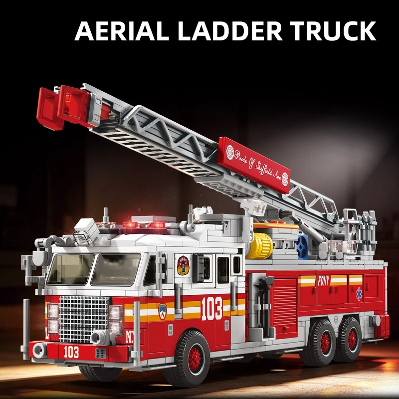 City Aerial Ladder Fire Truck Rescue Fire Engine Building Block Model DIY Construction Bricks Toy Home Display Ornament Gift