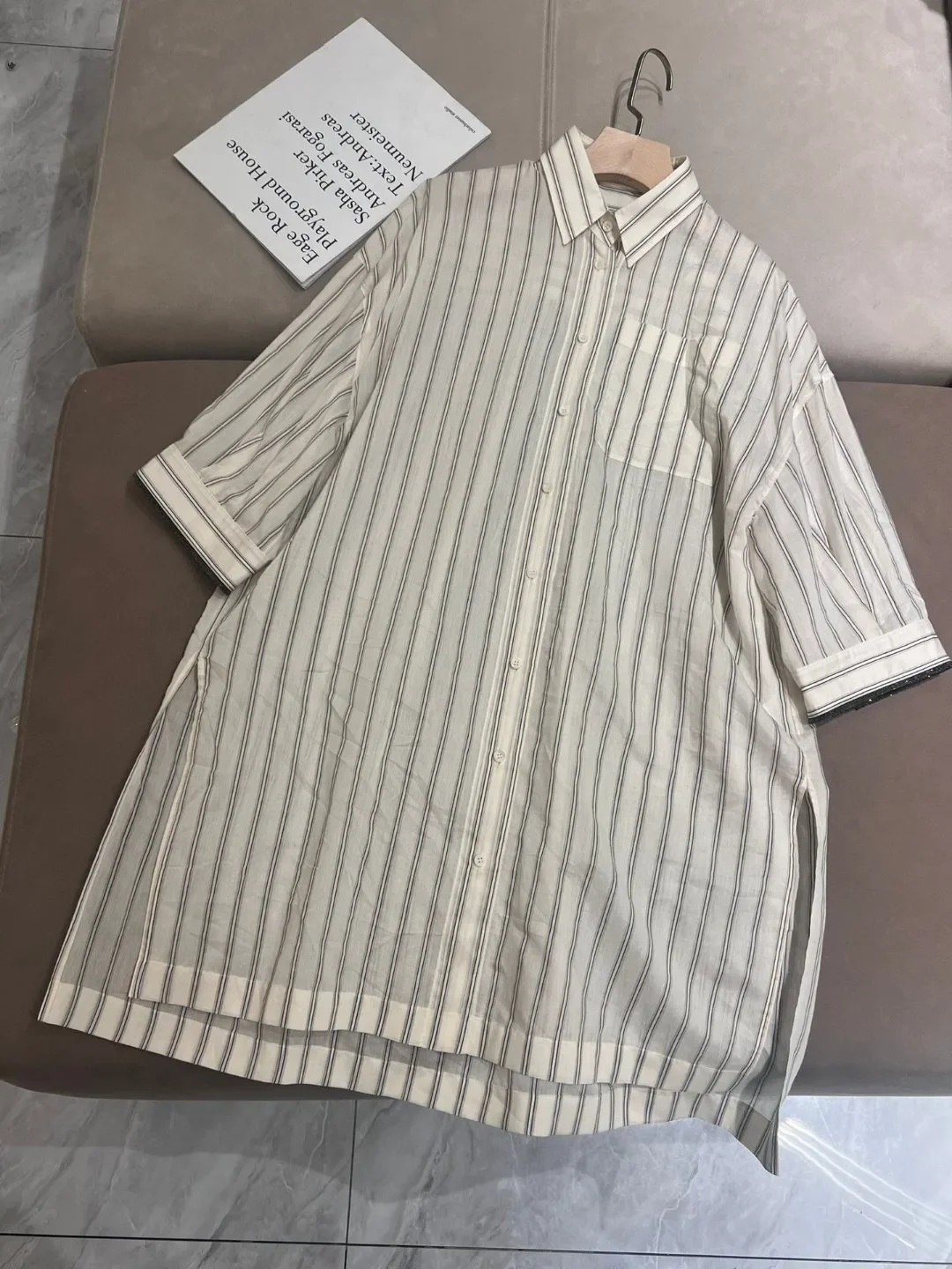 Abito camicia da donna in cotone di seta, colletto rovesciato a righe, mezza manica, monopetto, mini vestaglia ampia da donna