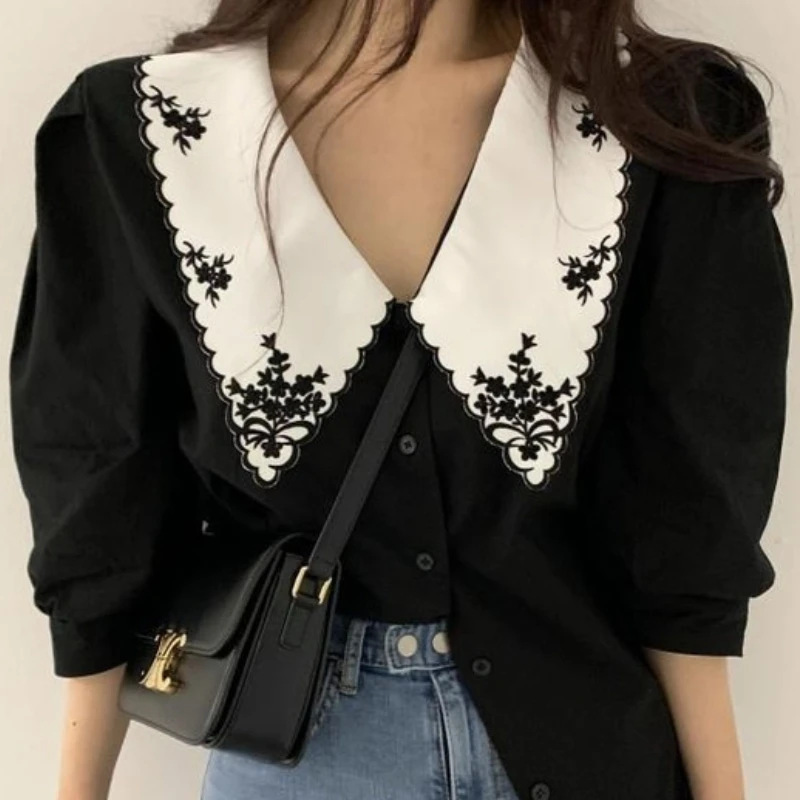 Shirts Women Embroidery Puff Sleeve Panelled Summer Tender Popular Aesthetic Simple Casual Cozy Design Feminino Trendy Ins Mujer