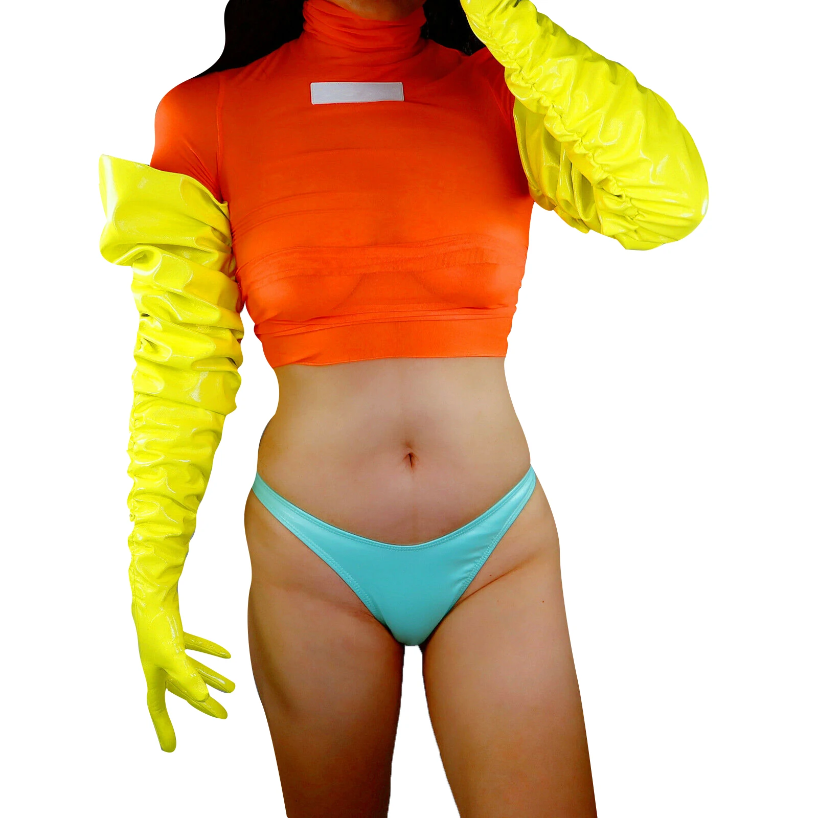 

DooWay Unisex Fluorescent Yellow Ruched GLOVES Loose Patent Leather PU 100cm PUFF Sleeve Halloween Party Dressing Cosplay Glove