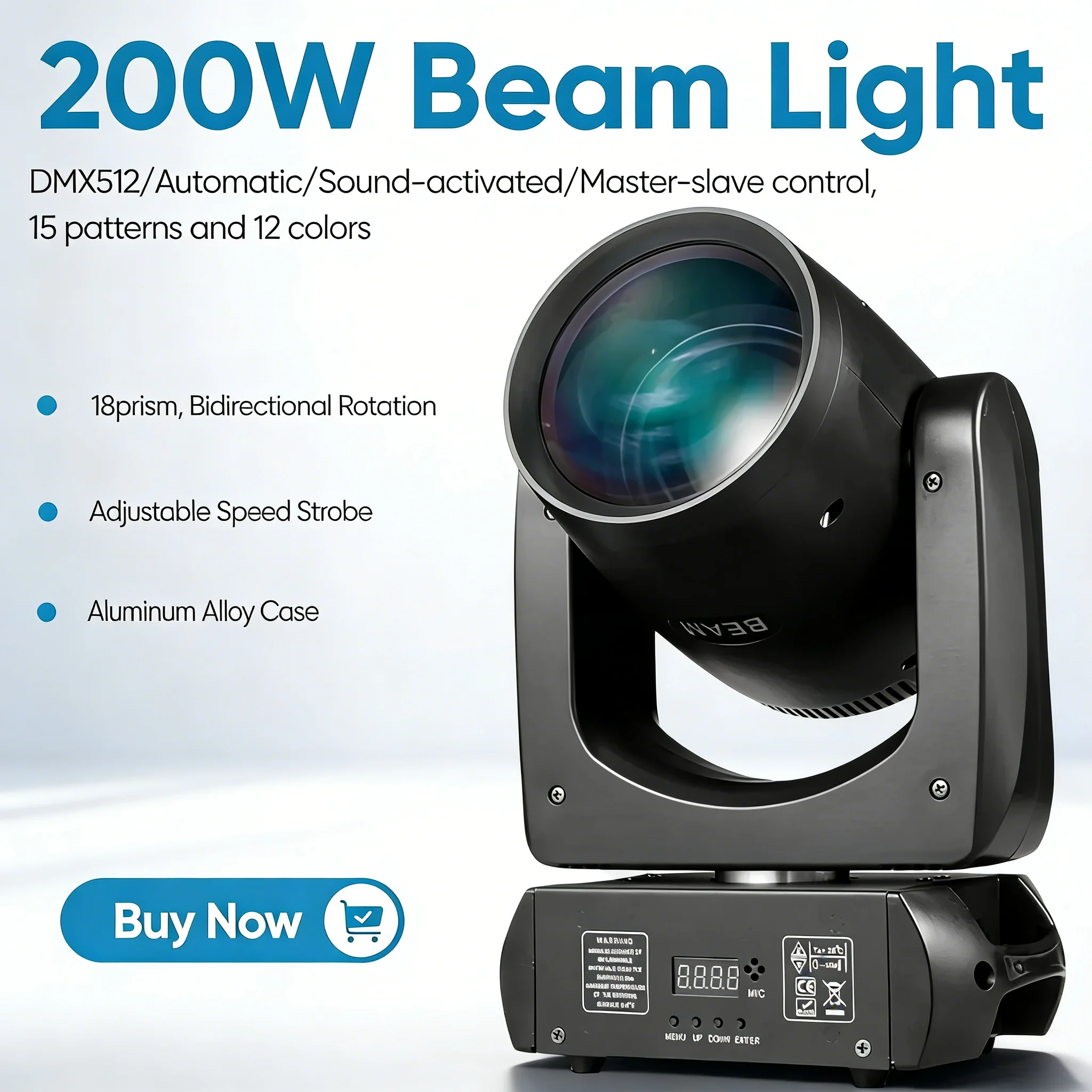 Lumière de scène à tête mobile LED 200W, faisceau lumineux, 18 prismes rotatifs, DMX/Automatique/Activé par le son/Maître-Esclave, vitesse réglable, stroboscope, lumières de scène DJ