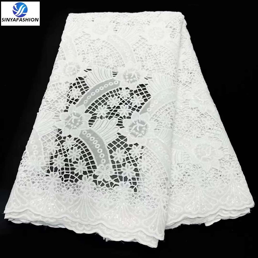 

Sinya White Guipure Lace Fabric Embroidery High Quality With Sequins Laser African Nigerian Cord Lace For Wedding Party Women