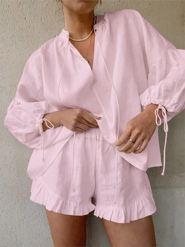 Women Casual Suits Fashion Two Pieces Sets Spring Summer Cotton Linen Loose Long Sleeve Drawstring Blouse Ruffles Shorts Set