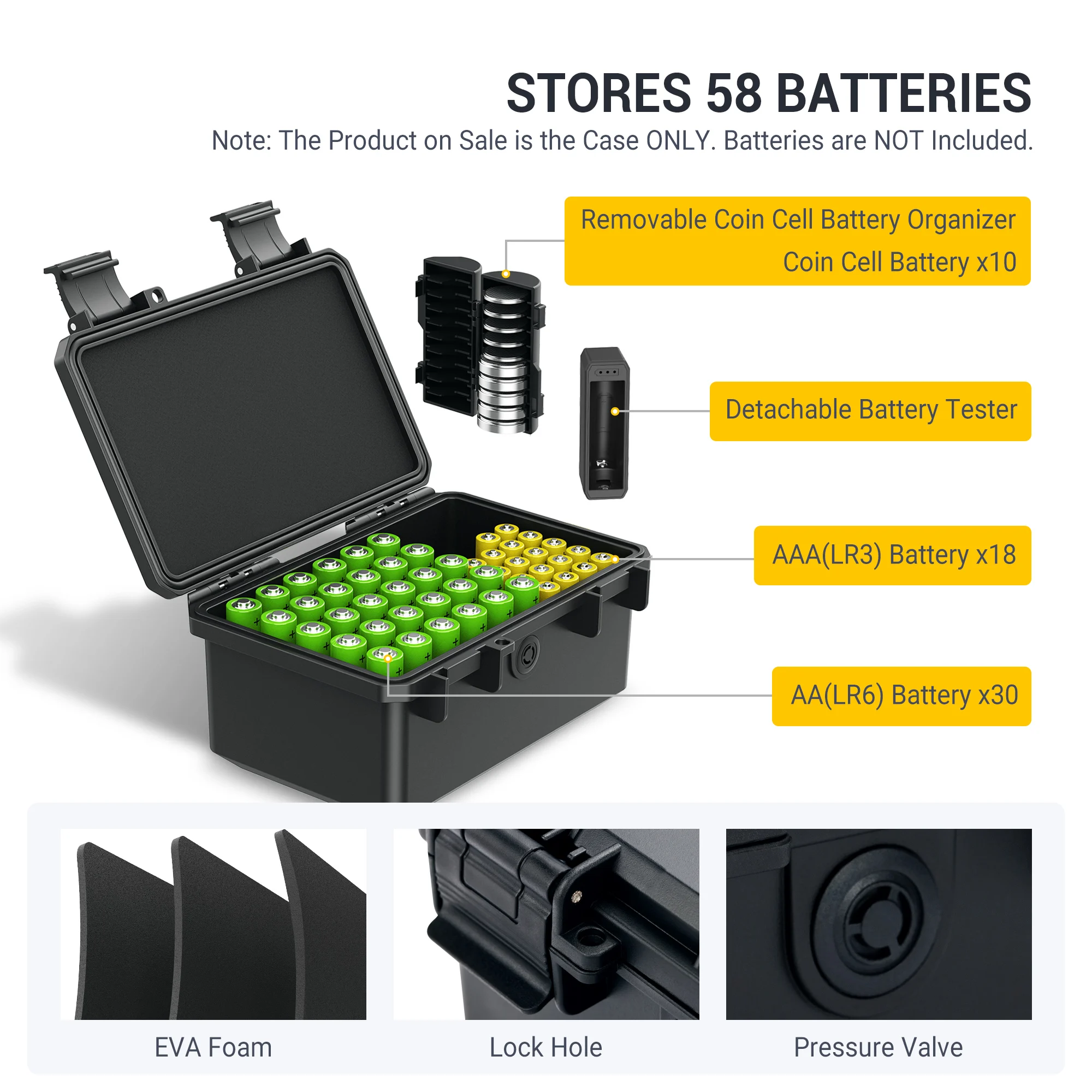 AA AAA Battery Case Holder for 30 Double A Battery and 18 Triple A Battery with Removable Battery Tester IP67 Water-Resistant