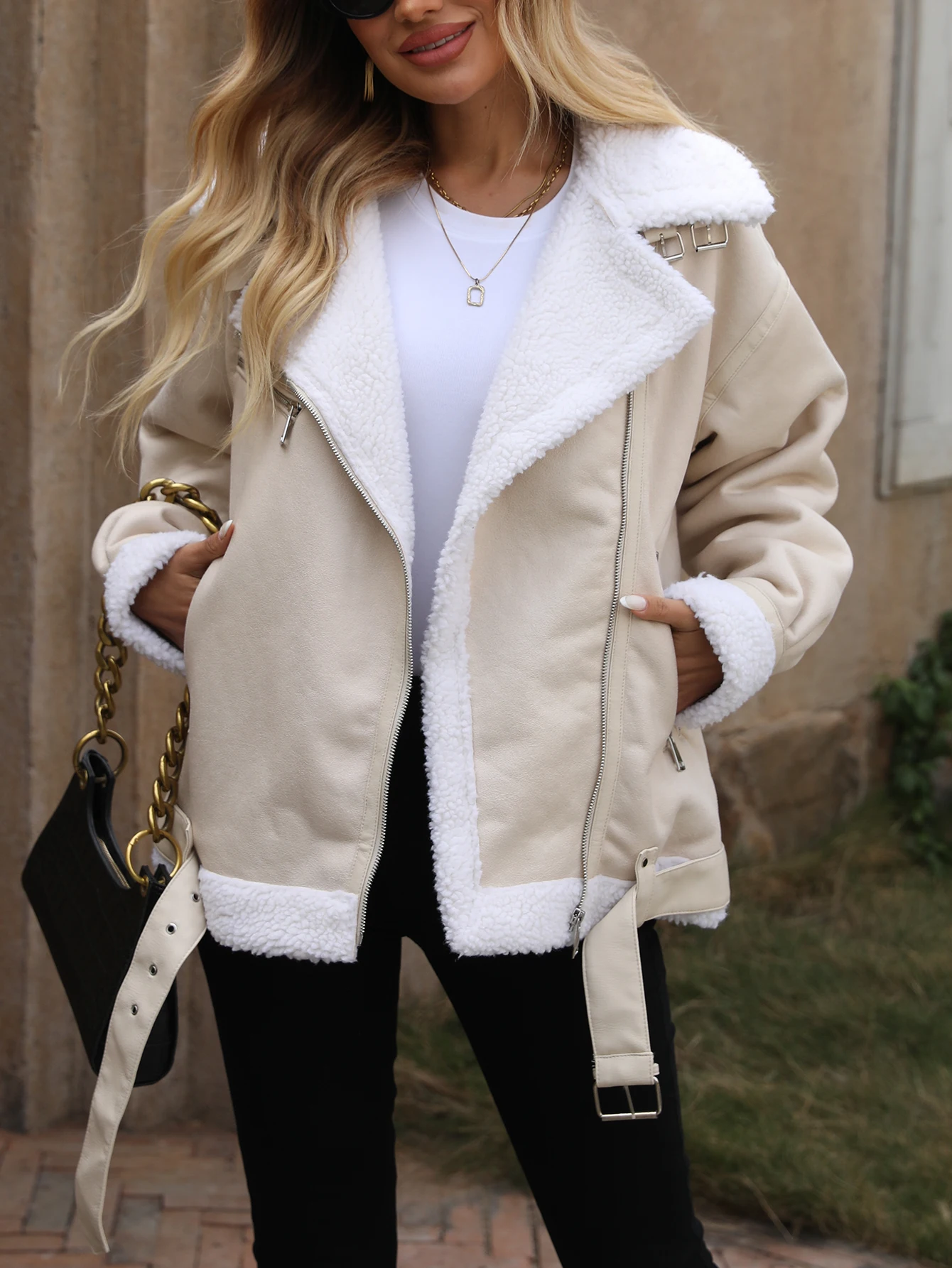 Winter Women's Faux Shearing Fur Coat Warm Thick Fur Lined Faux Leather Jacket