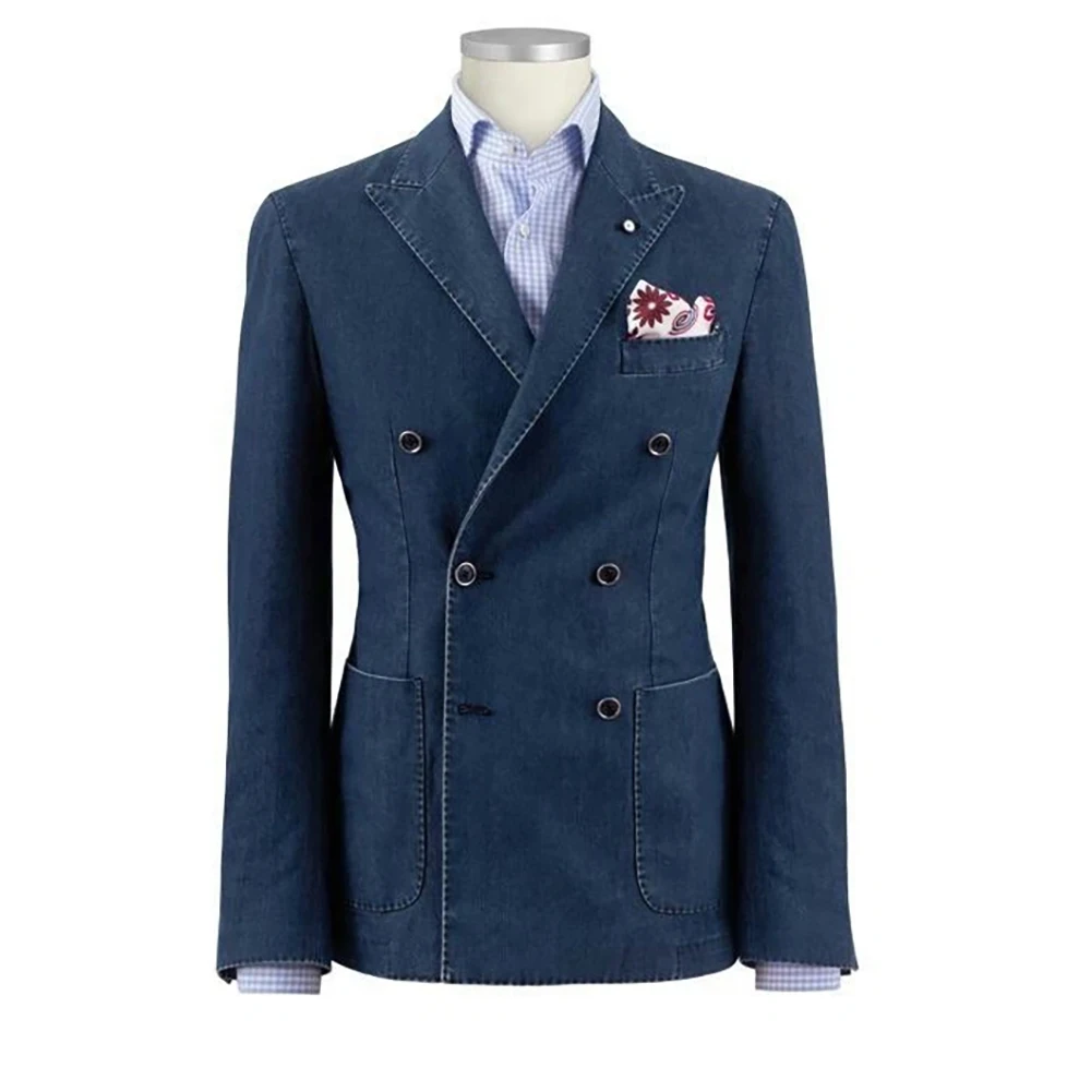 

Fashion Denim Men's Suits Elegant Double Breasted Peak Lapel Slim Fit 2 Piece Jacket Pants High Quality Customzied Full Sets