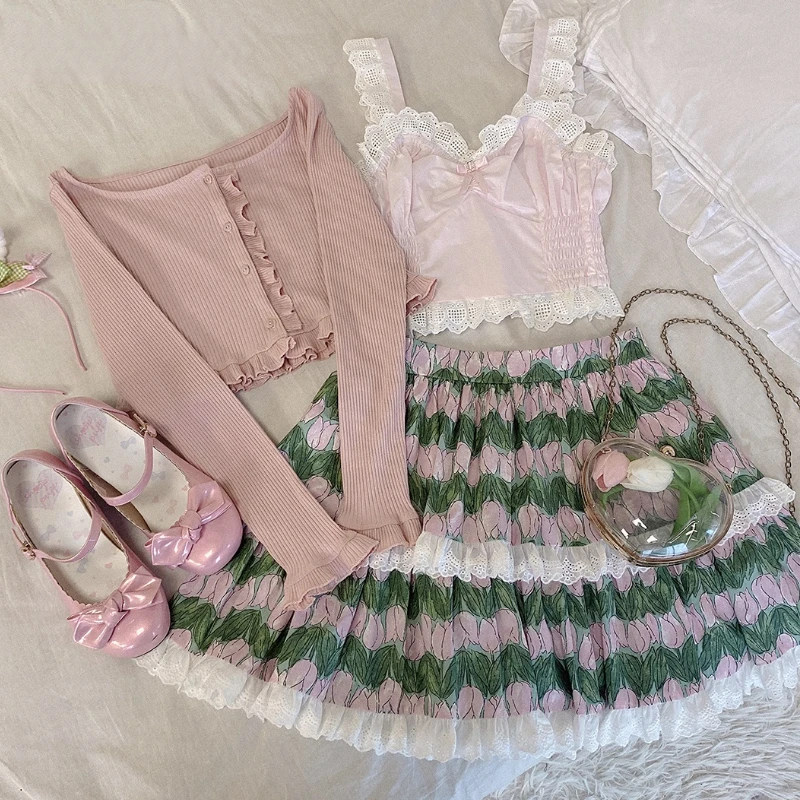 Sweet Pink Lolita Crop Top Women Summer Chic Lace Bow Sleeveless Camisole Japan Aesthetic Princess Tank Tops Kawaii Cute Clothes