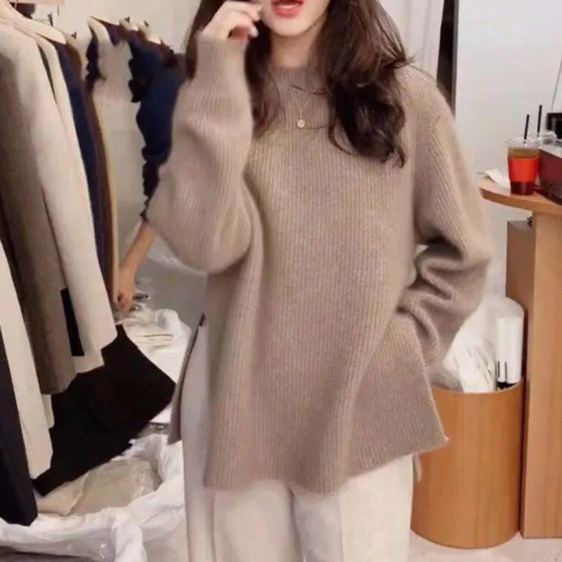 New Autumn/Winter Fashion Korean Version Lazy Style Split Round Neck Loose and Versatile Western Style Slim Women\'s Sweater