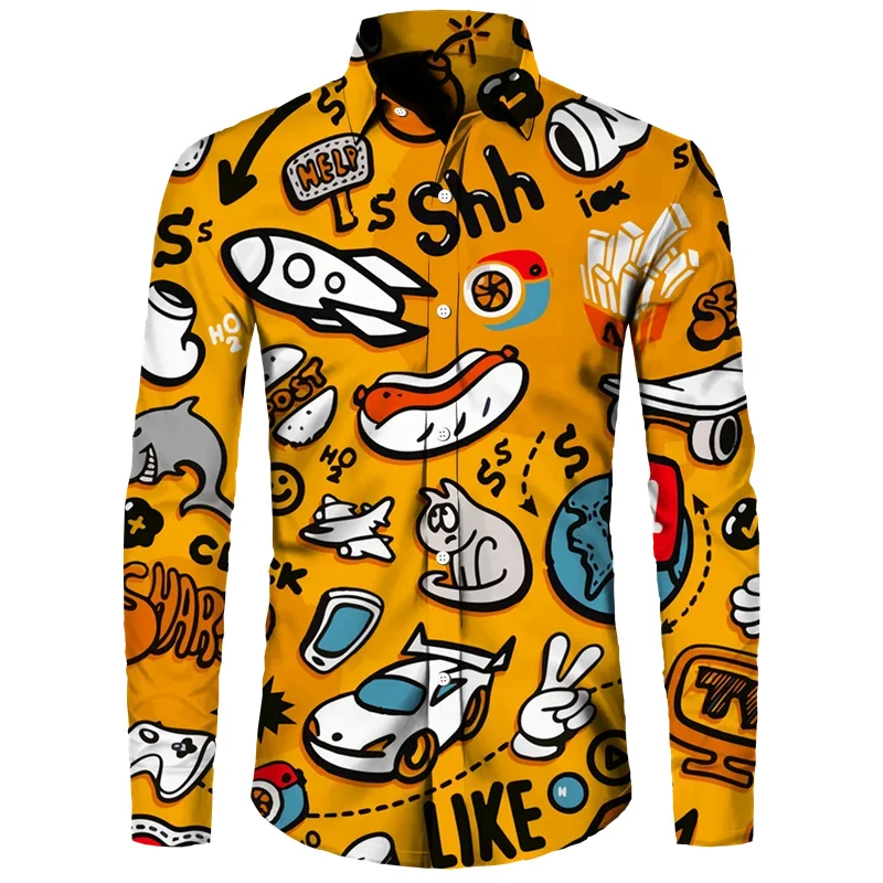 

Fashionable latest cartoon pattern men's long sleeved shirt, casual sunshine beach vacation men's shirt