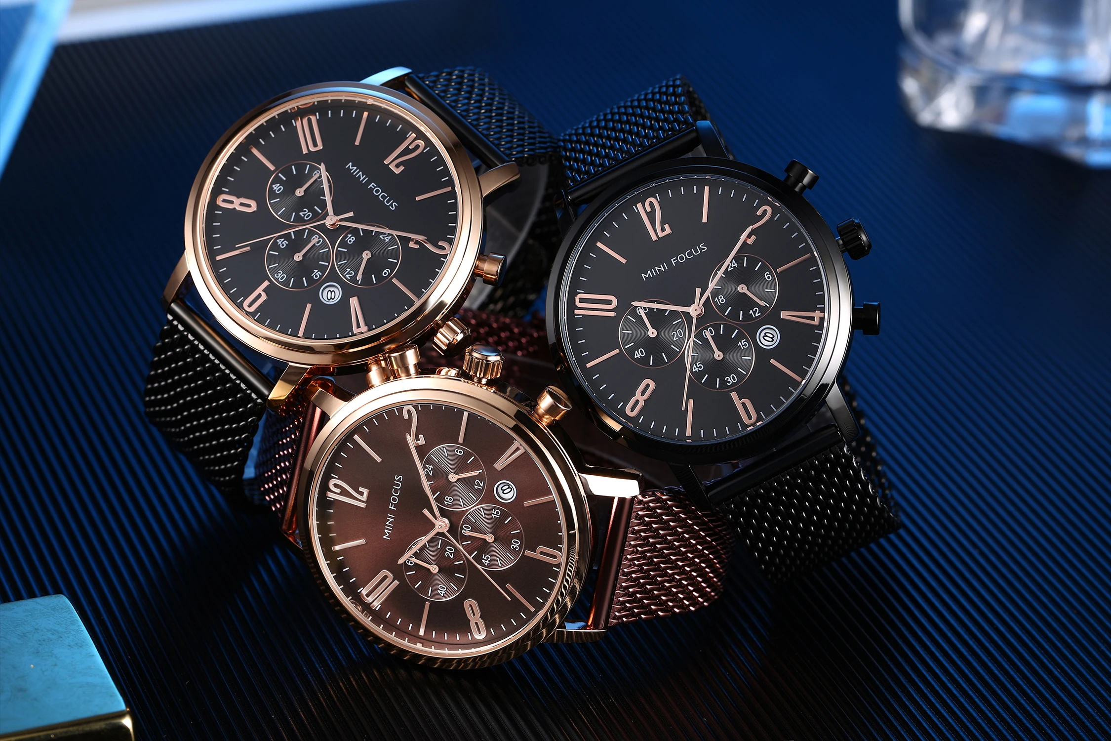 Mini Focus MF0183G Orologio da polso multifunzione Maglia blu Cinturino in acciaio inossidabile Cronografo impermeabile Orologi al quarzo da uomo di moda