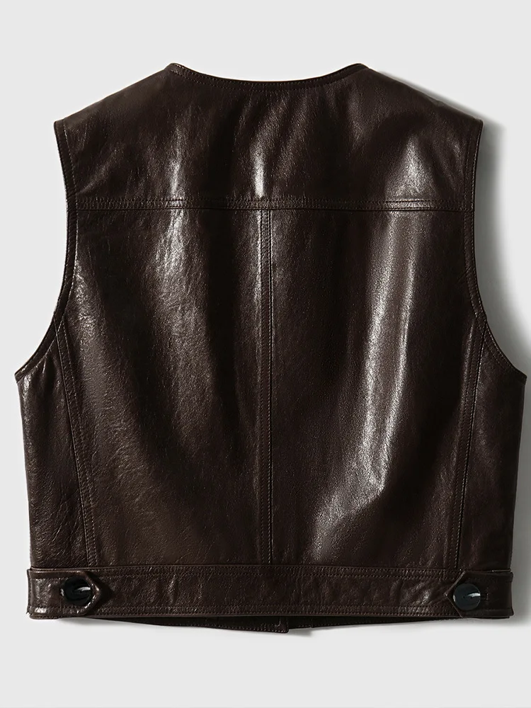 V-neck Genuine Leather Sleeveless Vest Jackets for Women Spring Autumn 2025 New High-end Simple Casual Short Real Sheepskin Coat