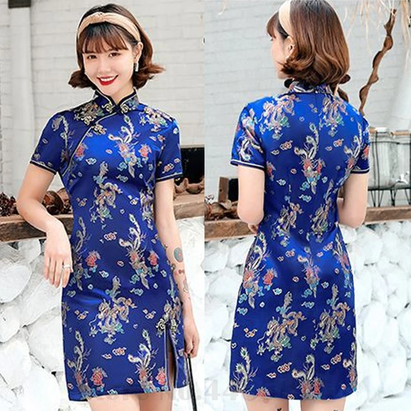 

Plus Size 3XL Qipao Vintage Printed Mandarin Collar Cheongsam Sexy Slim Short Sleeved Chinese Dress Traditional Elegant Qipaos