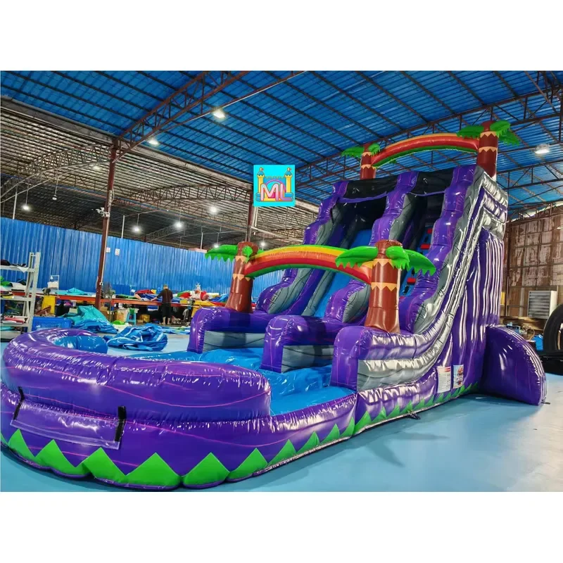 Commercial Large Blue Crush Dual lane Waterslides Coconut Palm Tree Backyard Blow up Inflatable Water Slide With Pool for
