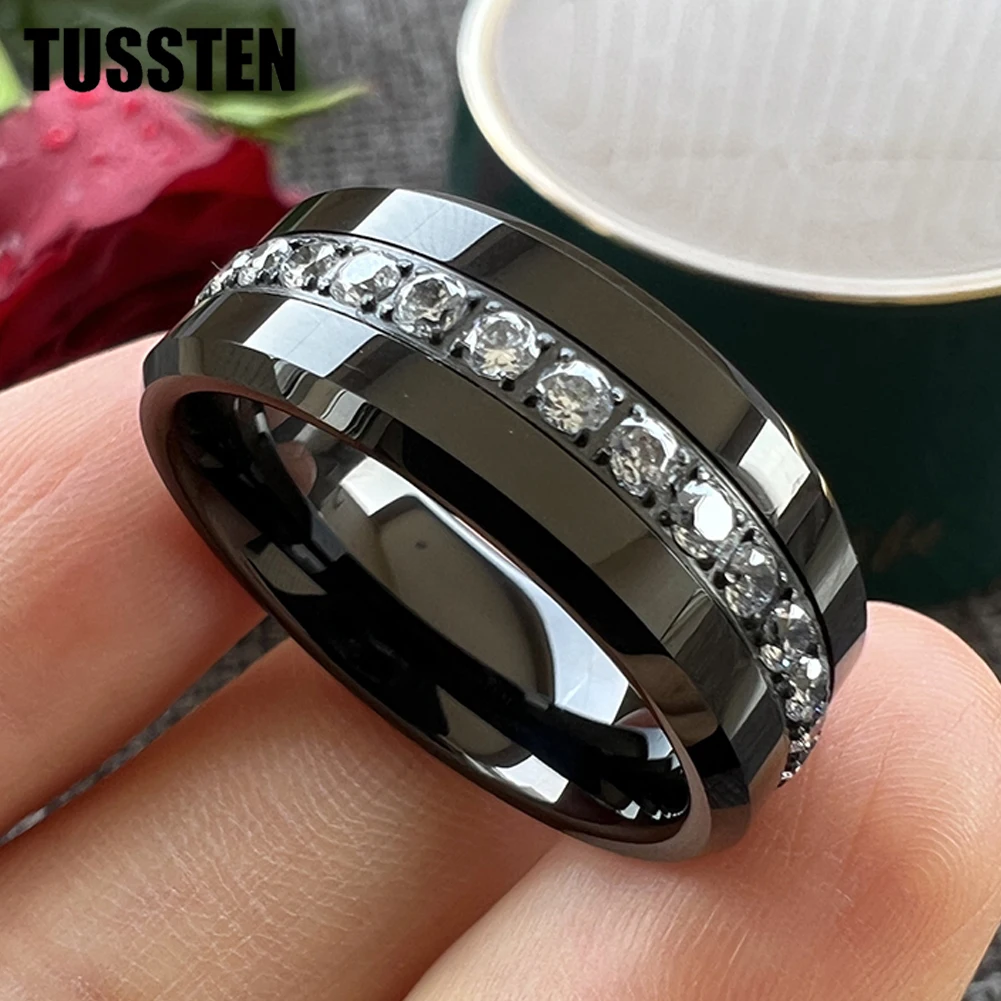 TUSSTEN 8MM CZ Stone Inlay Beveled Edges Black Tungsten Ring for Men Women Eternity Fashion Engagement Wedding Band