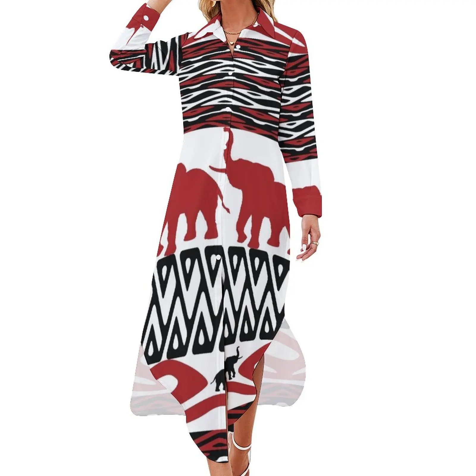 

Red and White Homage by HeavenNezCree Long Sleeved Shirt Dress loose women's dress evening dress women